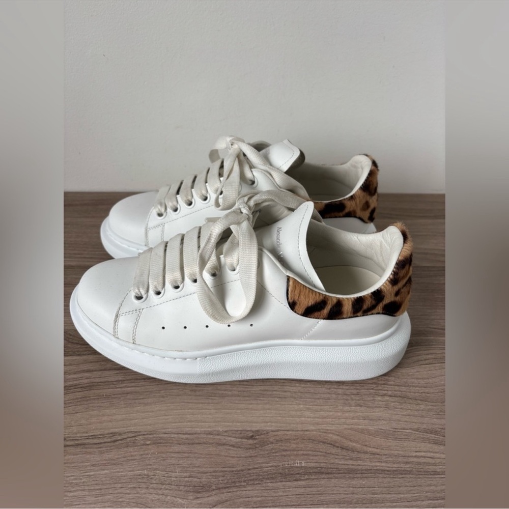Alexander McQueen White Sneakers with Leopard Heel Tab